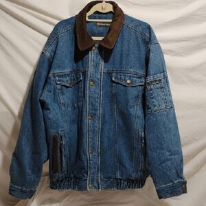 SALE! RARE! Blue Ridge Blue Denim Jacket Brown Leather Collar Bomber Coat (X-59)